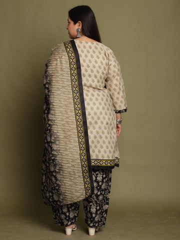 Beige Cotton Blend Printed Plus Size Ready to Wear Patiala Salwar Suit