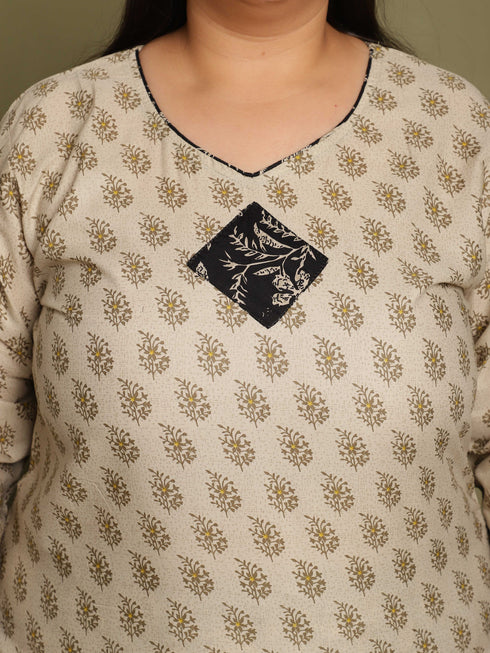 Beige Cotton Blend Printed Plus Size Ready to Wear Patiala Salwar Suit