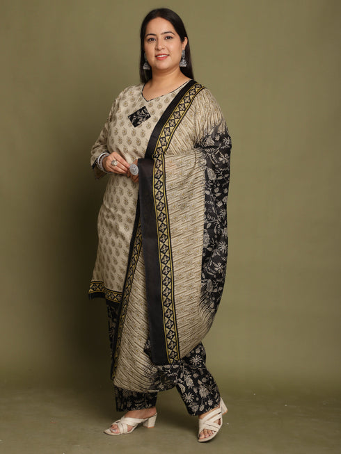 Beige Cotton Blend Printed Plus Size Ready to Wear Patiala Salwar Suit
