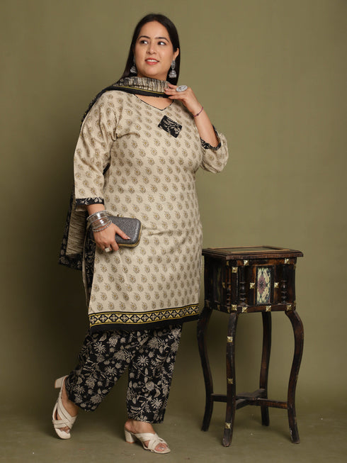 Beige Cotton Blend Printed Plus Size Ready to Wear Patiala Salwar Suit