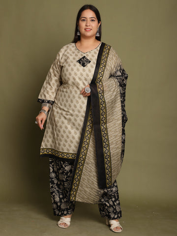 Beige Cotton Blend Printed Plus Size Ready to Wear Patiala Salwar Suit