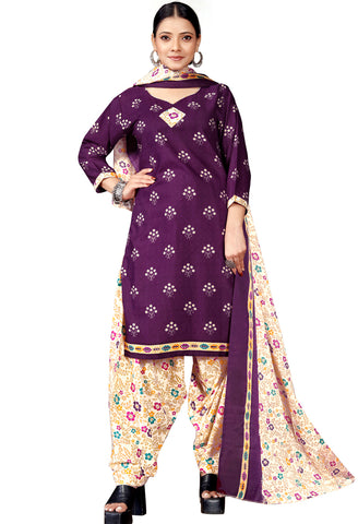 Purple Cotton Blend Printed Readymade Patiala Salwar Suit