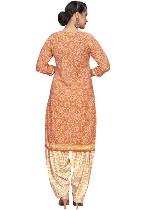 Light Orange  Cotton Blend Printed Readymade Patiala Salwar Suit