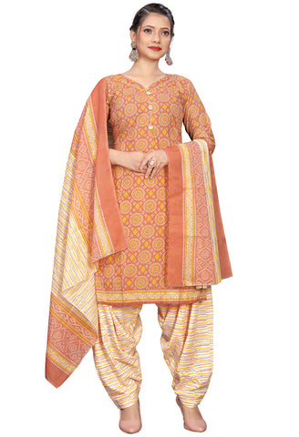 Light Orange  Cotton Blend Printed Readymade Patiala Salwar Suit