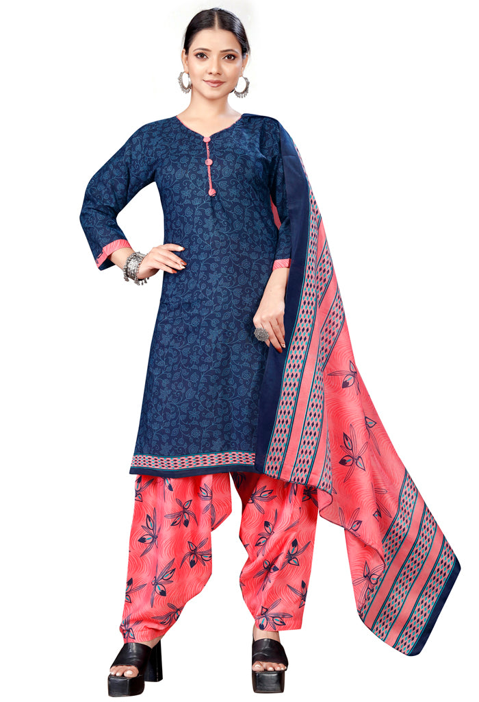 Navy Blue Cotton Blend Printed Readymade Patiala Salwar Suit