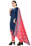 Navy Blue Cotton Blend Printed Readymade Patiala Salwar Suit