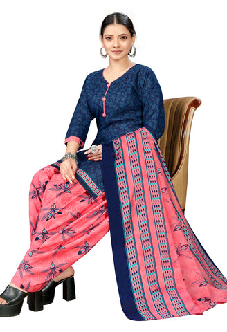 Navy Blue Cotton Blend Printed Readymade Patiala Salwar Suit