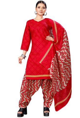 Red Cotton Blend Printed Readymade Patiala Salwar Suit