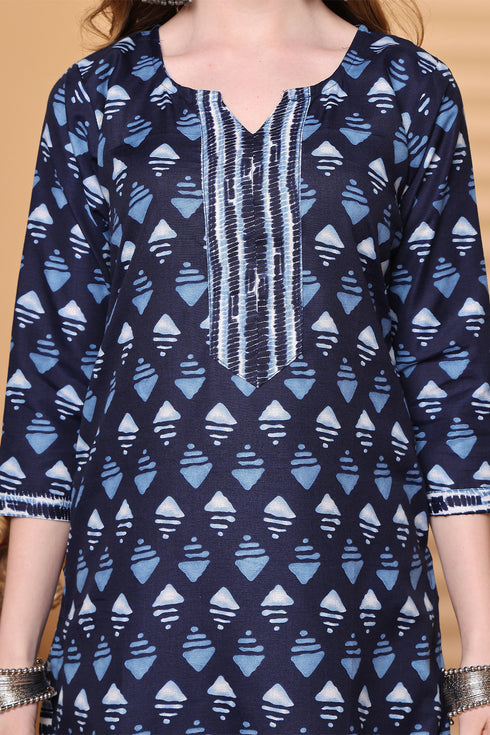 Rajnandini Navy Blue & White Cotton Blend Printed Ready to Wear Patiala Salwar Suit