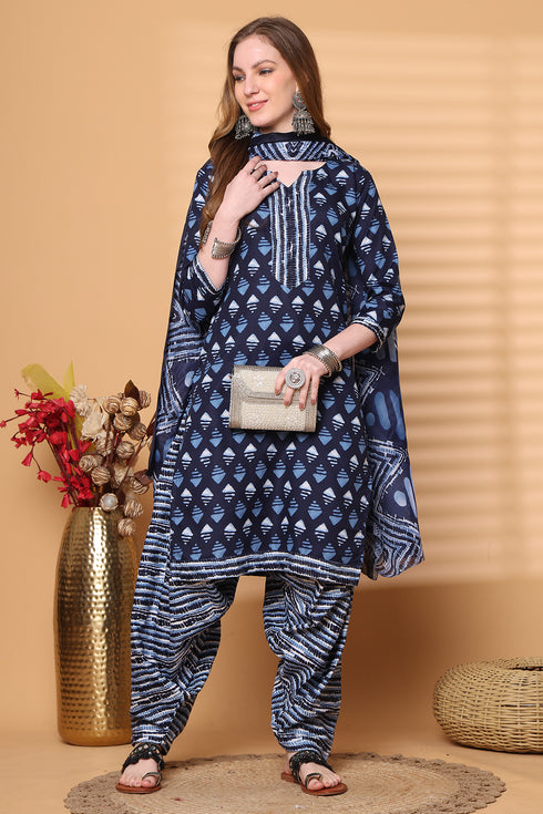Rajnandini Navy Blue & White Cotton Blend Printed Ready to Wear Patiala Salwar Suit