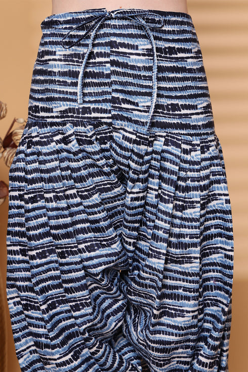 Rajnandini Navy Blue & White Cotton Blend Printed Ready to Wear Patiala Salwar Suit
