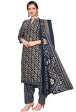 Navy Blue Cotton Blend Printed Readymade Patiala Salwar Suit