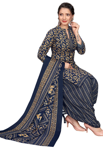 Navy Blue Cotton Blend Printed Readymade Patiala Salwar Suit