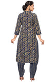 Navy Blue Cotton Blend Printed Readymade Patiala Salwar Suit