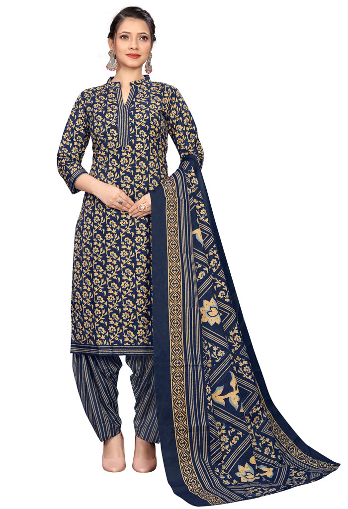 Navy Blue Cotton Blend Printed Readymade Patiala Salwar Suit