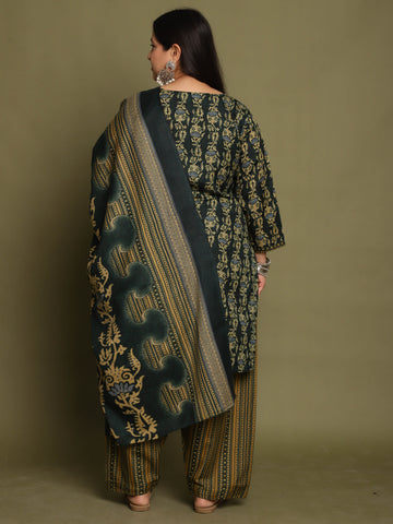 Green Cotton Blend Printed Plus Size Ready to Wear Patiala Salwar Suit