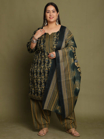 Green Cotton Blend Printed Plus Size Ready to Wear Patiala Salwar Suit