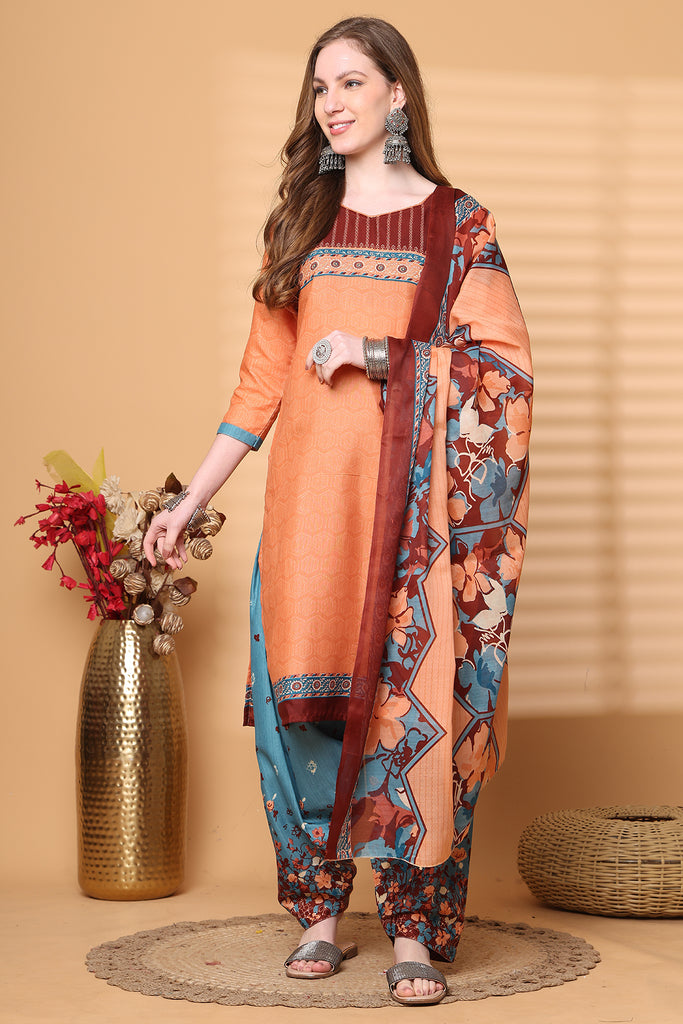 Rajnandini Light Orange Cotton Blend Printed Ready to Wear Patiala Salwar Suit