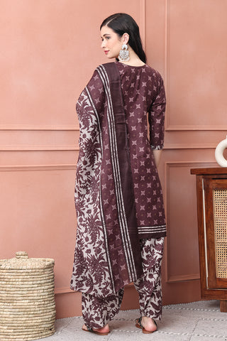 Wine Cotton Blend Printed Ready to Wear Patiala Salwar Suit