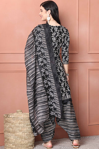 Black & White Cotton Blend Printed Ready to Wear Patiala Salwar Suit