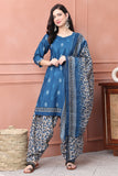 Blue Cotton Blend Printed Ready to Wear Patiala Salwar Suit