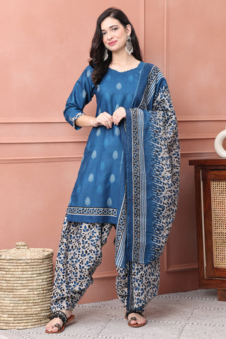 Blue Cotton Blend Printed Ready to Wear Patiala Salwar Suit