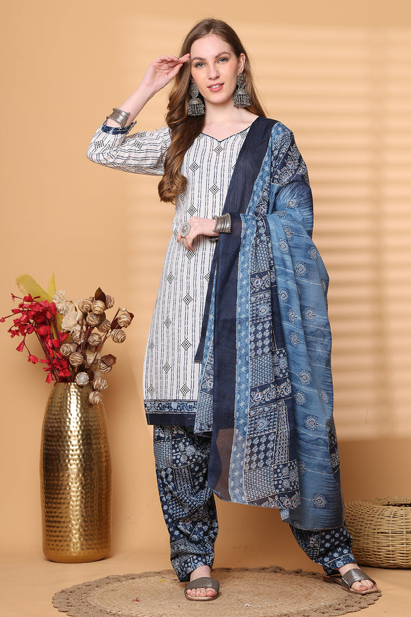 White Cotton Blend Printed Ready to Wear Patiala Salwar Suit