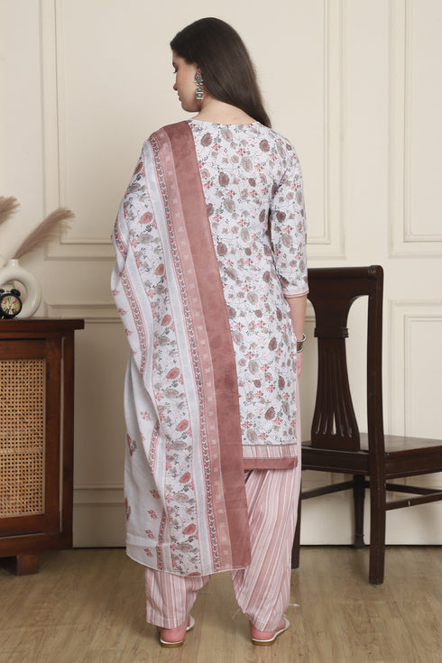 White Cotton Blend Printed Ready to Wear Patiala Salwar Suit