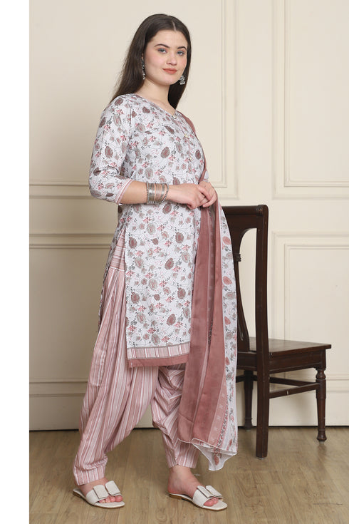 White Cotton Blend Printed Ready to Wear Patiala Salwar Suit