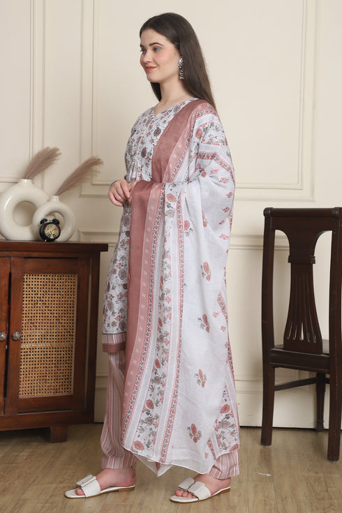 White Cotton Blend Printed Ready to Wear Patiala Salwar Suit
