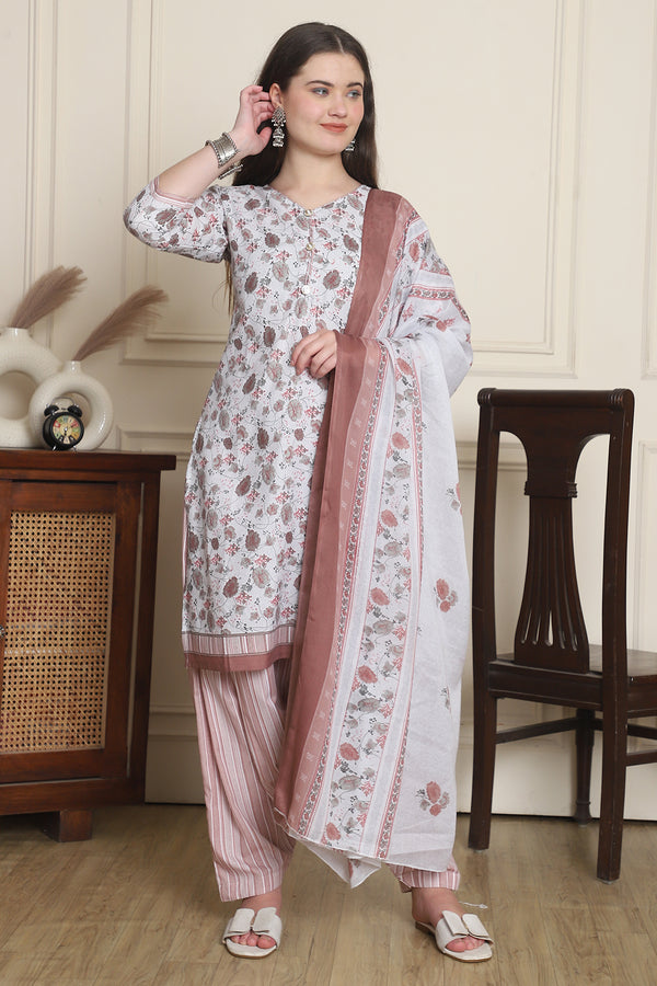 White Cotton Blend Printed Ready to Wear Patiala Salwar Suit