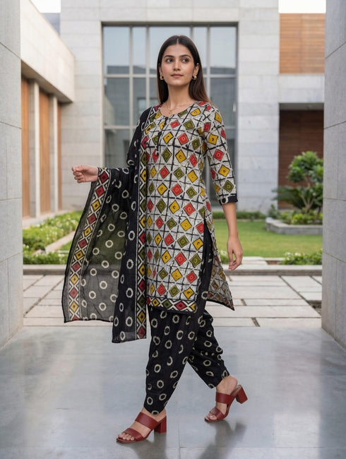Beige & Black Cotton Blend Printed Ready to Wear Patiala Salwar Suit