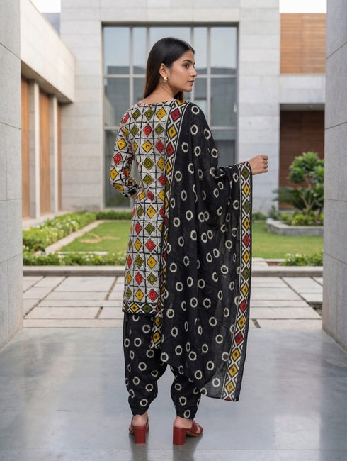 Beige & Black Cotton Blend Printed Ready to Wear Patiala Salwar Suit