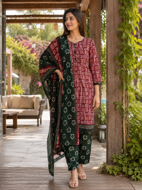 Maroon Cotton Blend Geometric Printed Ready to Wear Patiala Salwar Suit
