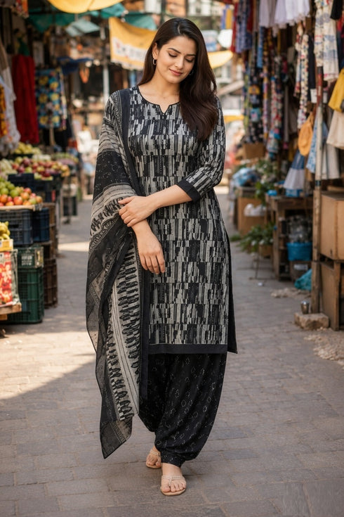 Black & Grey Cotton Blend Printed Ready to Wear Patiala Salwar Suit