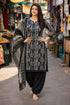 Black & Grey Cotton Blend Printed Ready to Wear Patiala Salwar Suit