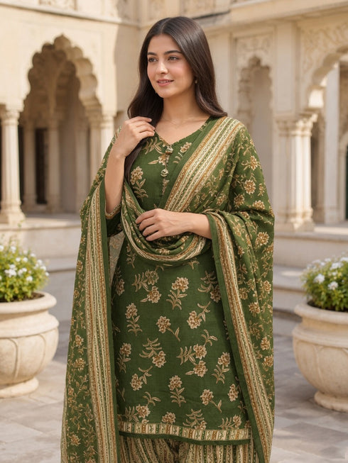 Mahendi Green Cotton Blend Printed Ready to Wear Patiala Salwar Suit