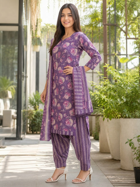 Lavender Cotton Blend Printed Ready to Wear Patiala Salwar Suit