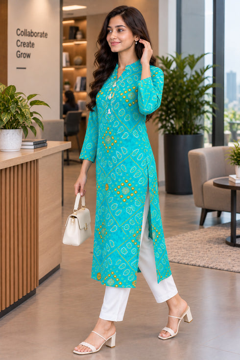 Turquoise Pure Cotton Bandhej Printed Kurti