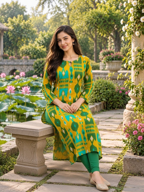Mustard Yellow Pure Cotton Ikat Printed Kurta