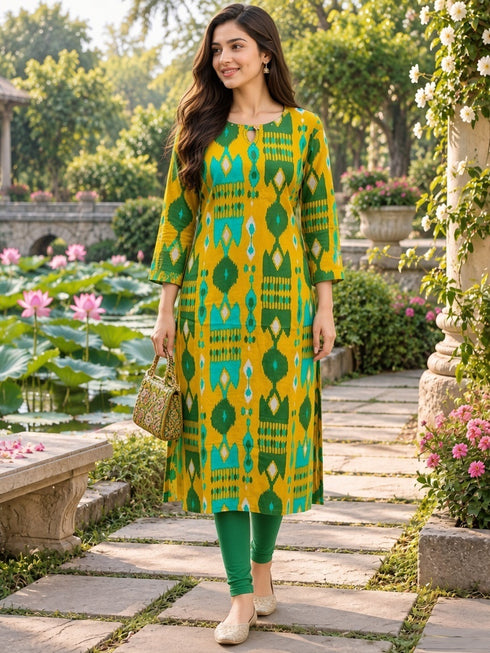Mustard Yellow Pure Cotton Ikat Printed Kurta