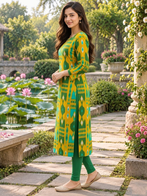 Mustard Yellow Pure Cotton Ikat Printed Kurta