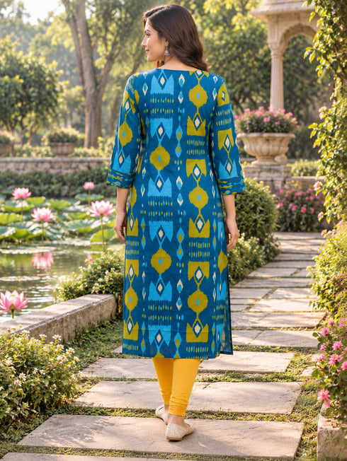Blue Pure Cotton Ikat Printed Kurta