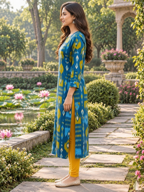 Blue Pure Cotton Ikat Printed Kurta