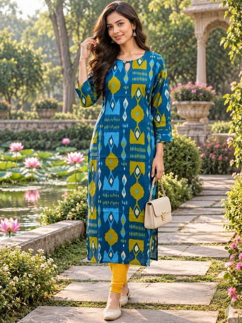 Blue Pure Cotton Ikat Printed Kurta