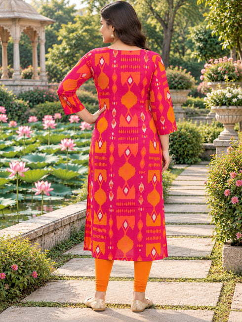 Pink Pure Cotton Ikat Printed Kurta