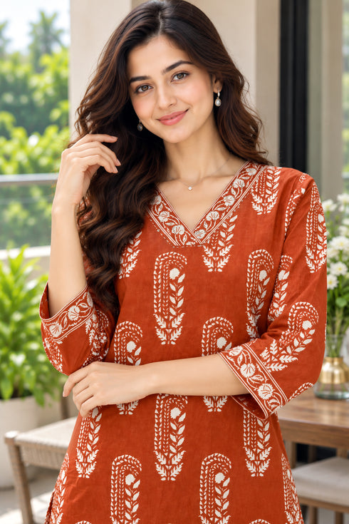 Rust Pure Cotton Ikat Printed Kurta For Women