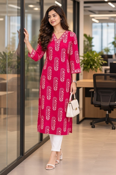 Pink and White Pure Cotton Hand Block Print Kurti