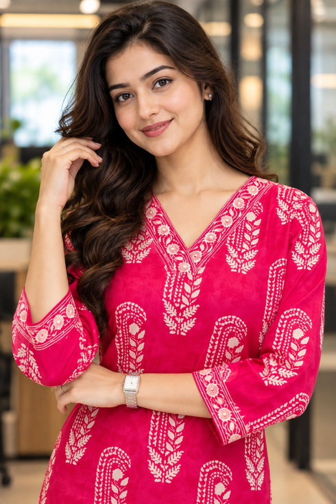 Pink and White Pure Cotton Hand Block Print Kurti