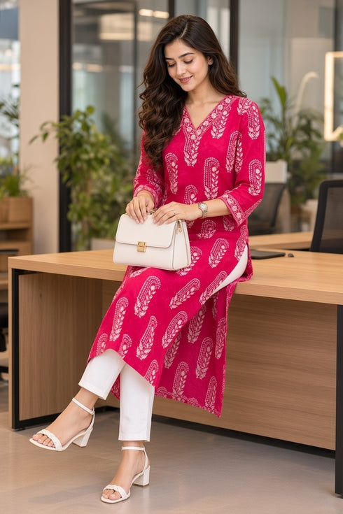 Pink and White Pure Cotton Hand Block Print Kurti